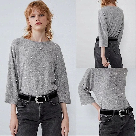 Zara Sweaters Zara Gray Sweater With Pearl Beads Poshmark